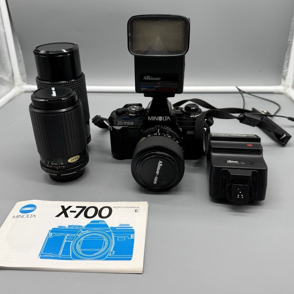 Minolta X-700 35mm Film Camera with 35mm Lens, 2 80-200 Mm Lenses, 2 Flash Units